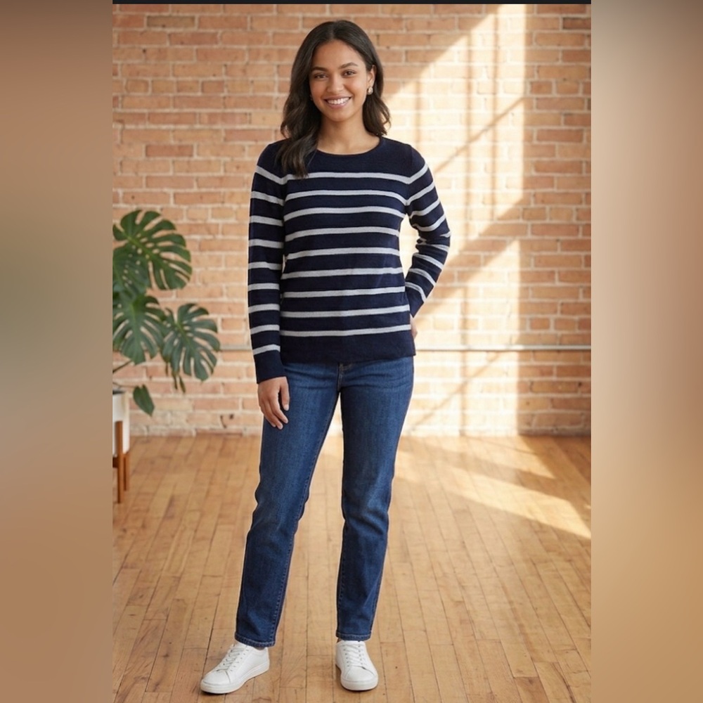 J. Jill Navy Striped Sweater M Cotton Blend Long Sleeve